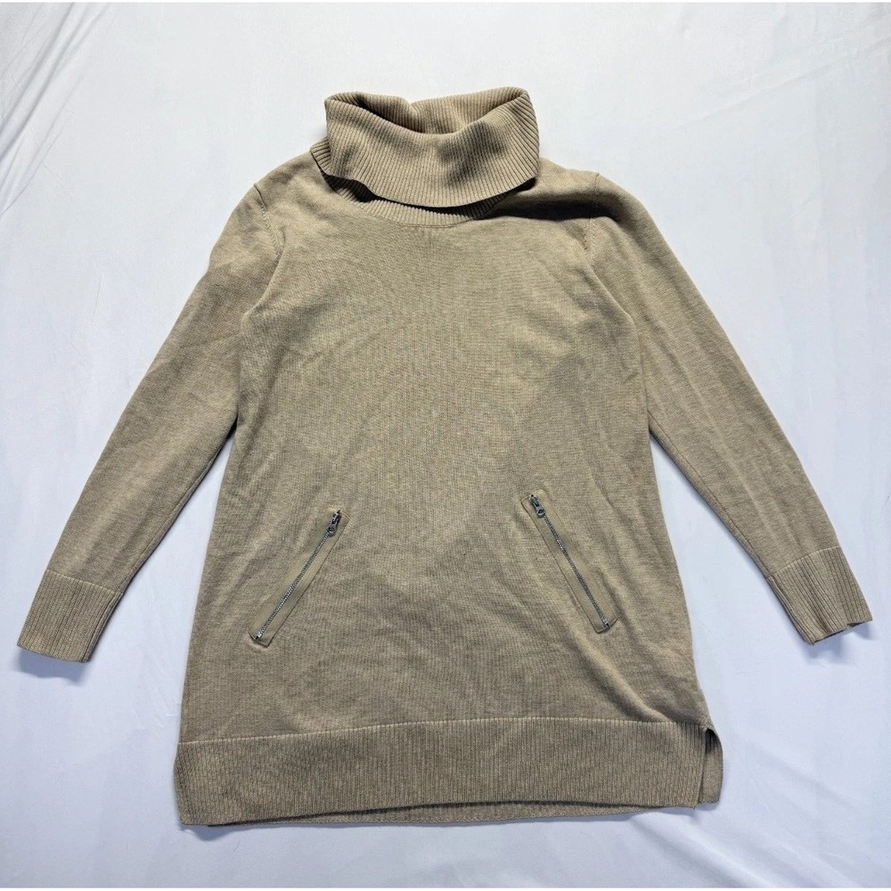 Eight Eight Eight Tunic Sweater Womens Medium Khaki Tight Knit Ribbed Cowl Neck
